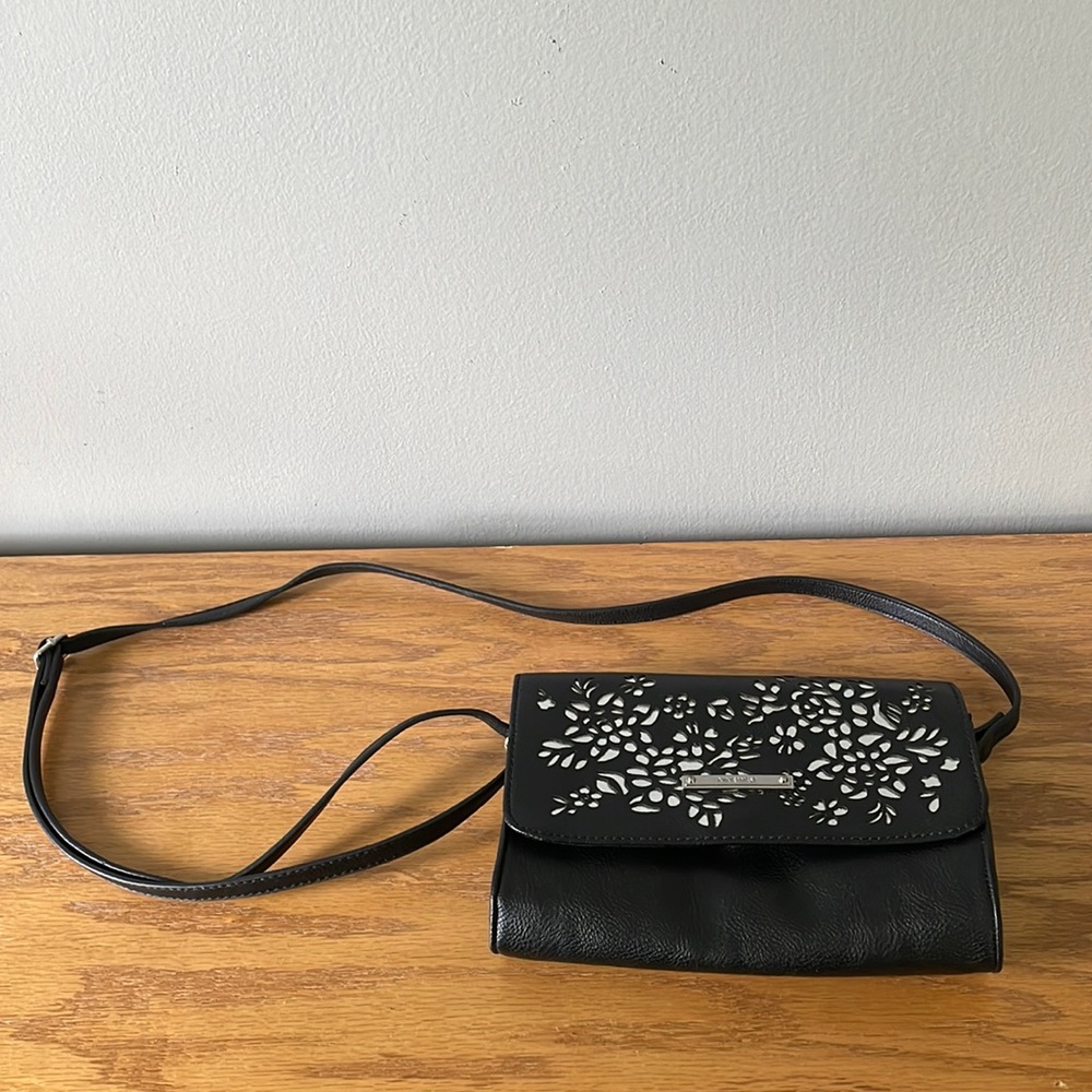 FINAL SALE PRICE Nine West Adjustable Crossbody Purse Black w/ Silver Flowers